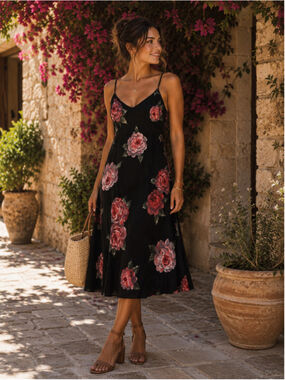 Women's American Angel Black & Red Floral Midi Dress L Summer